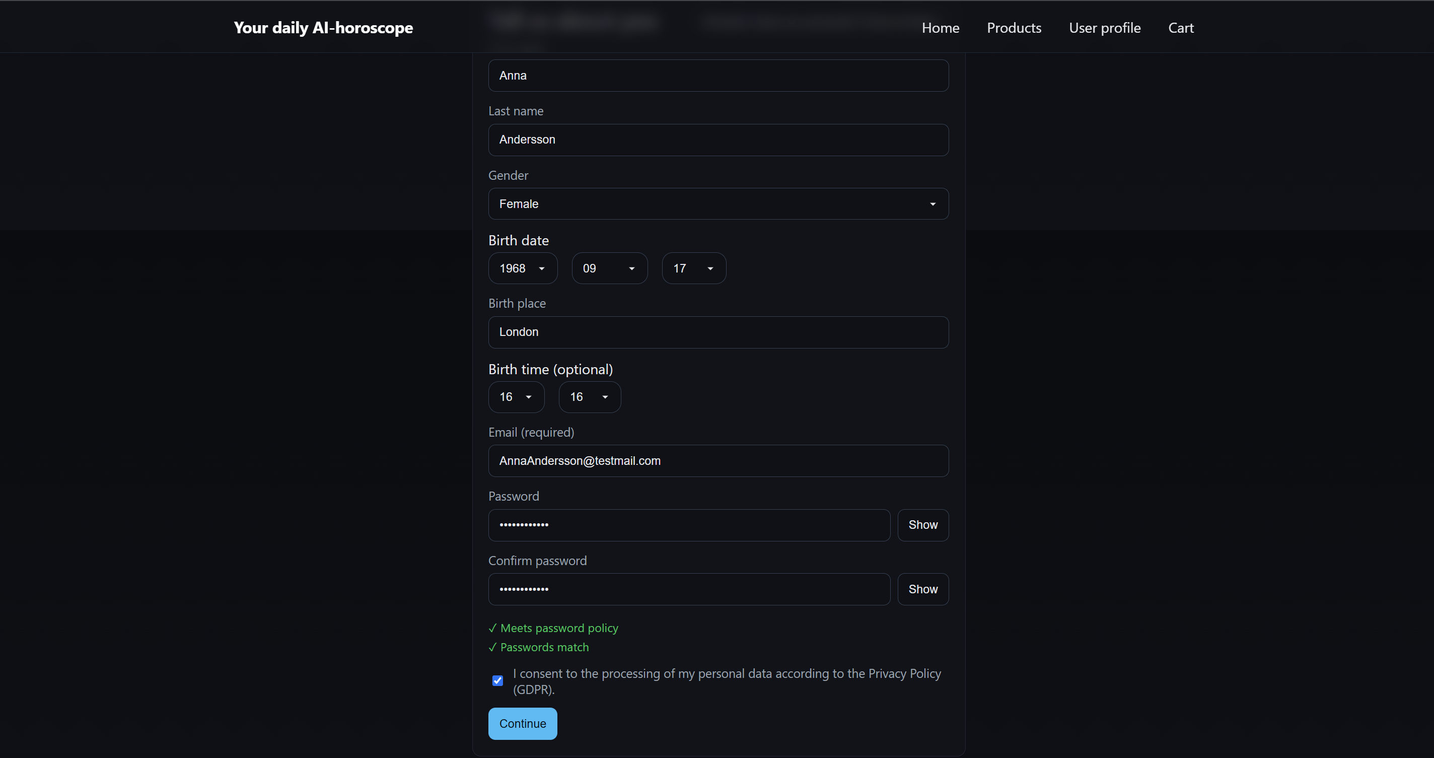 Registreringsformulär med fält för personuppgifter och lösenord