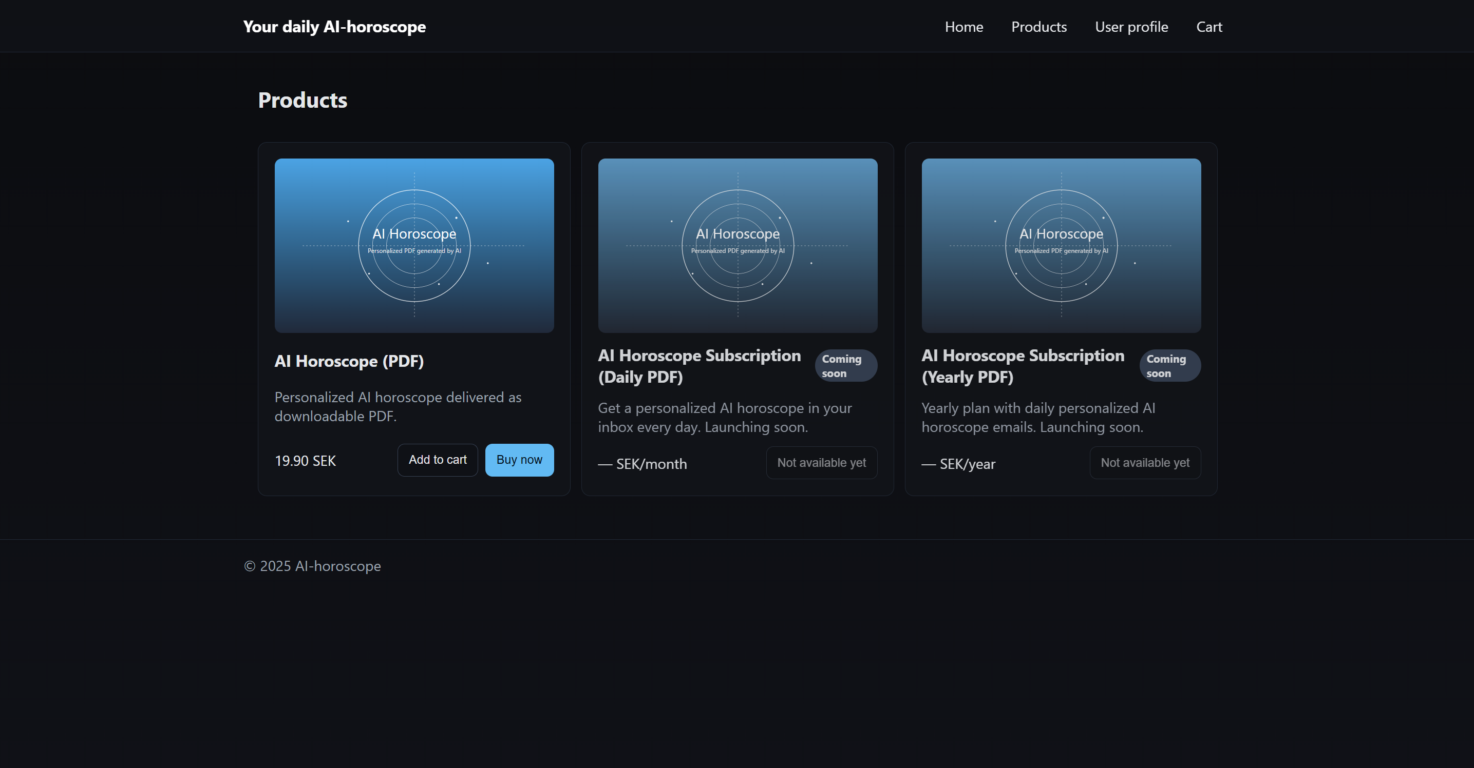 Produktkatalog med AI-horoskop i olika plan