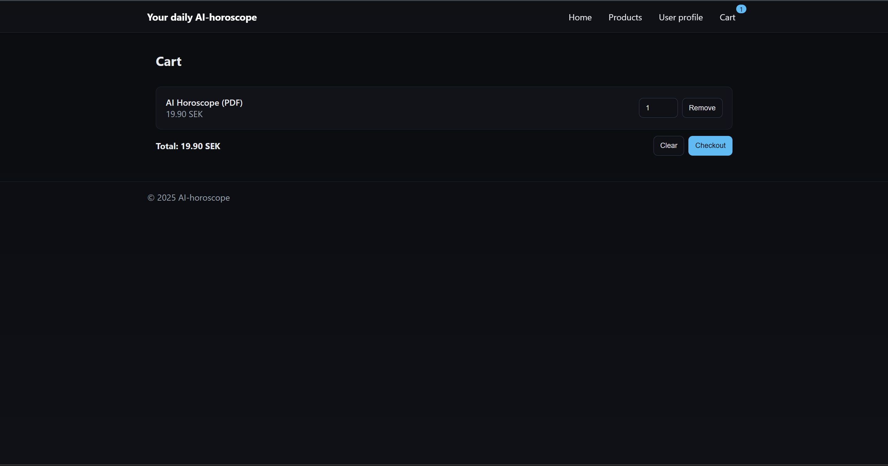Varukorg med vald produkt och köpknappar