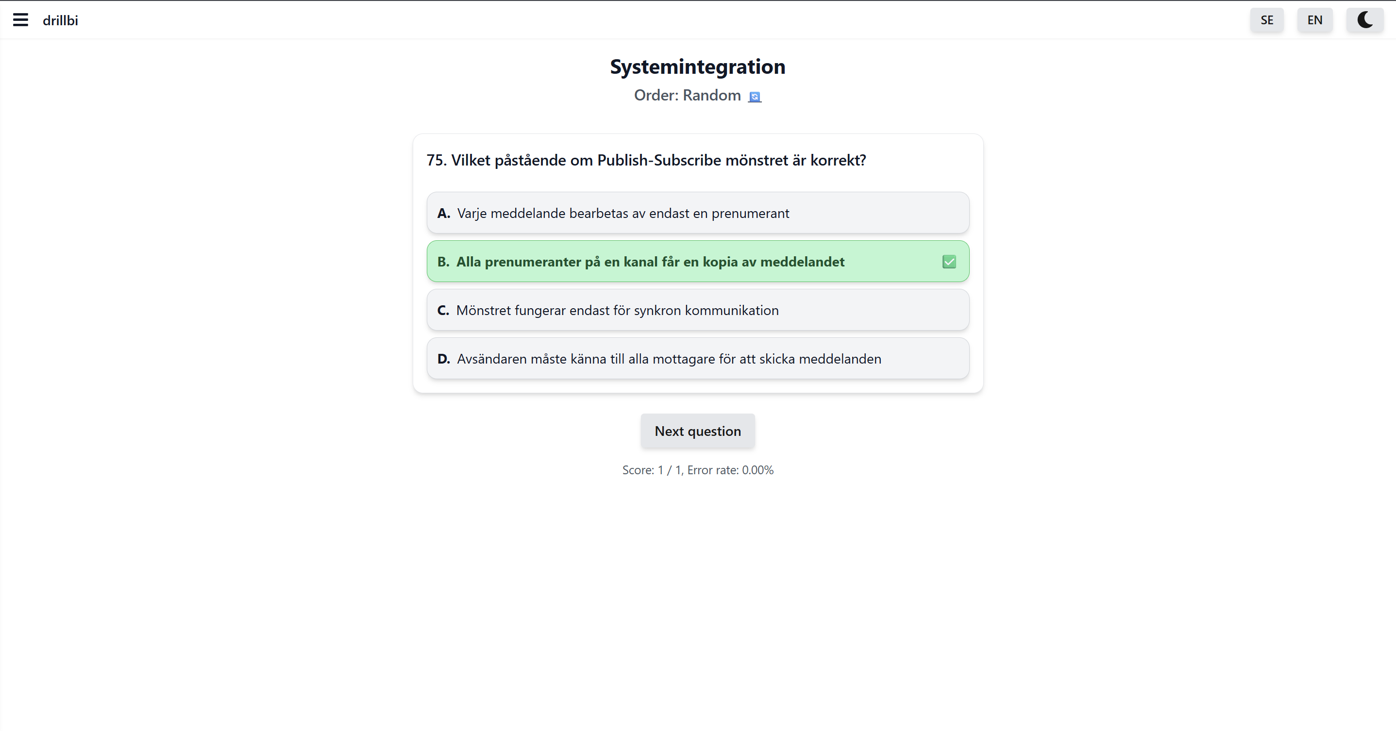 Quizfråga där ett rätt svar markeras i grönt