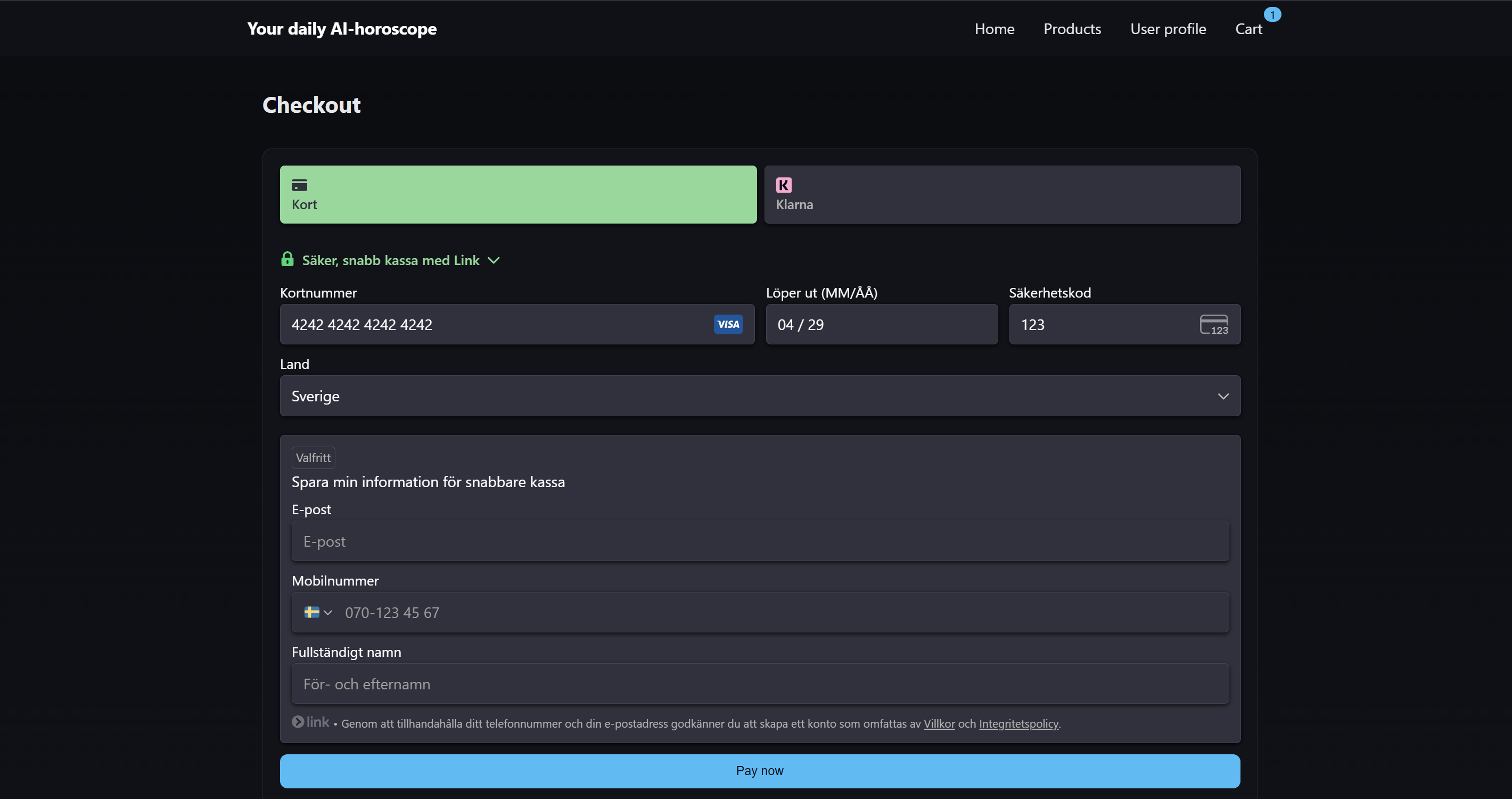 Kassasida med Stripe betalformulär