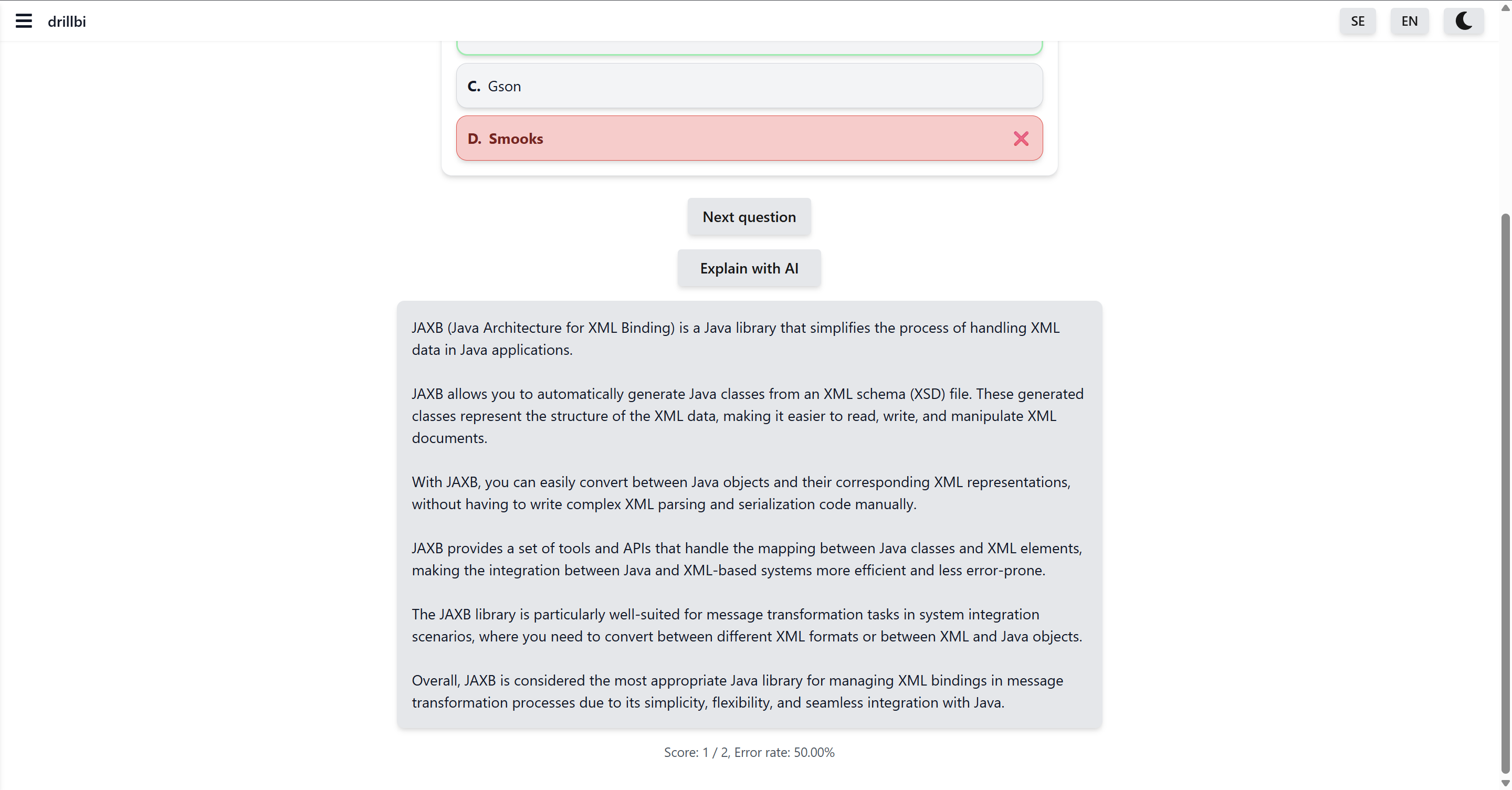 Quizfråga med fel svar i rött och AI-förklaring