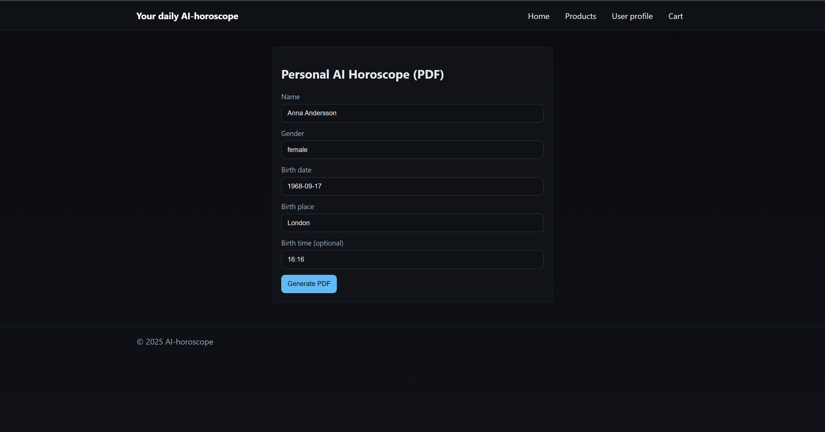 Formulär där kunddata genererar personligt horoskop
