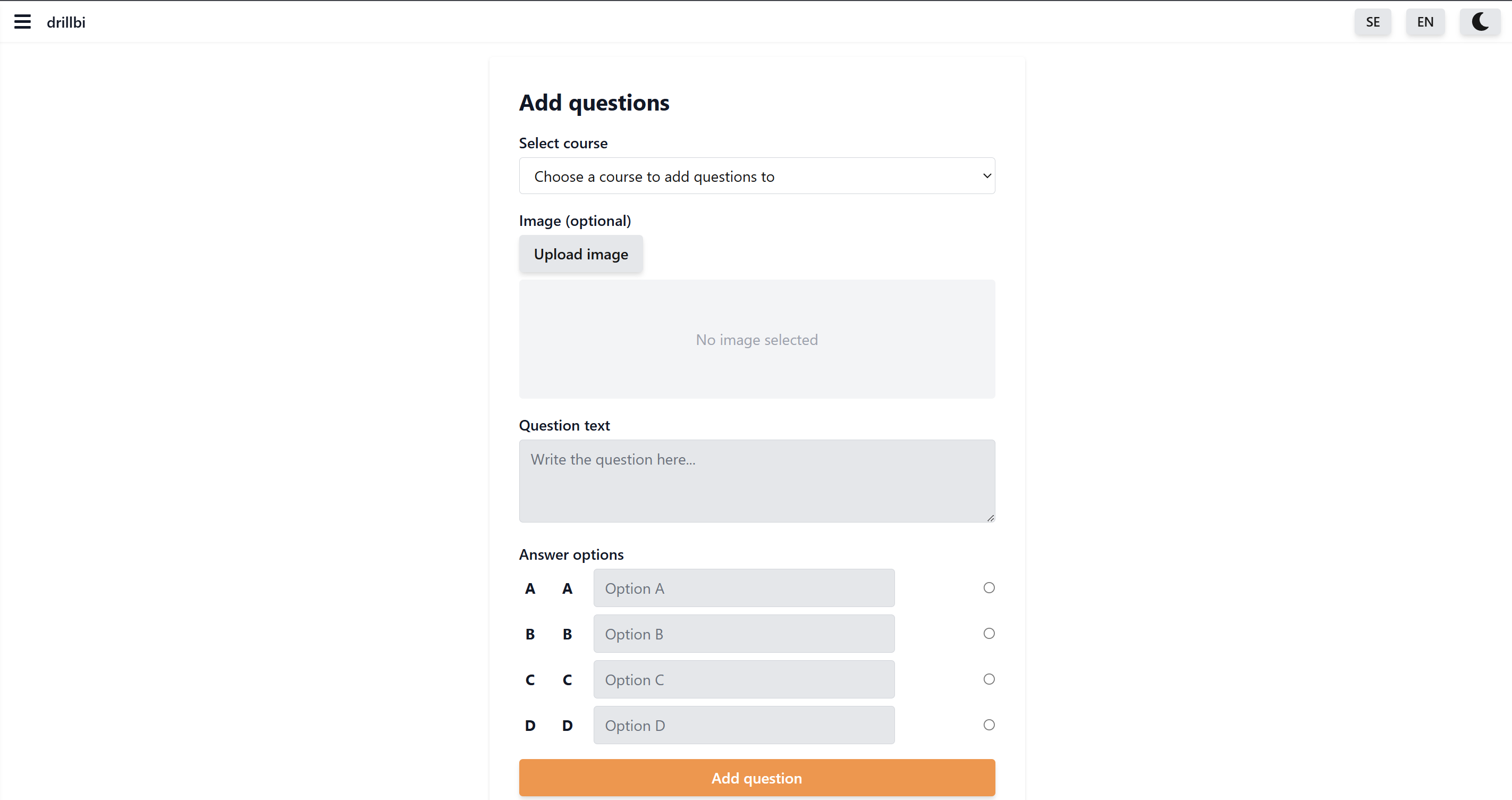 Formulär för att lägga till nya frågor till en kurs