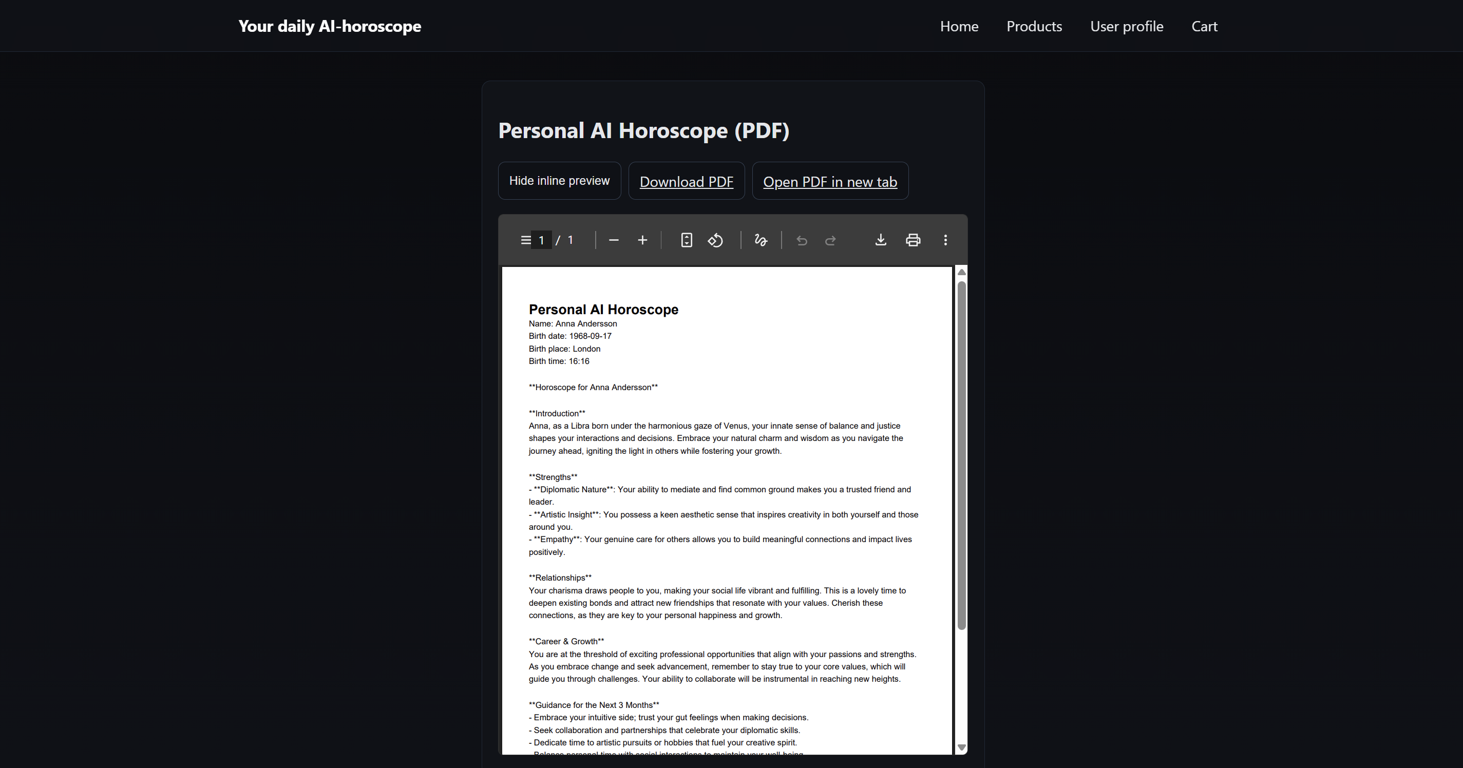 PDF-visning av levererat AI-horoskop