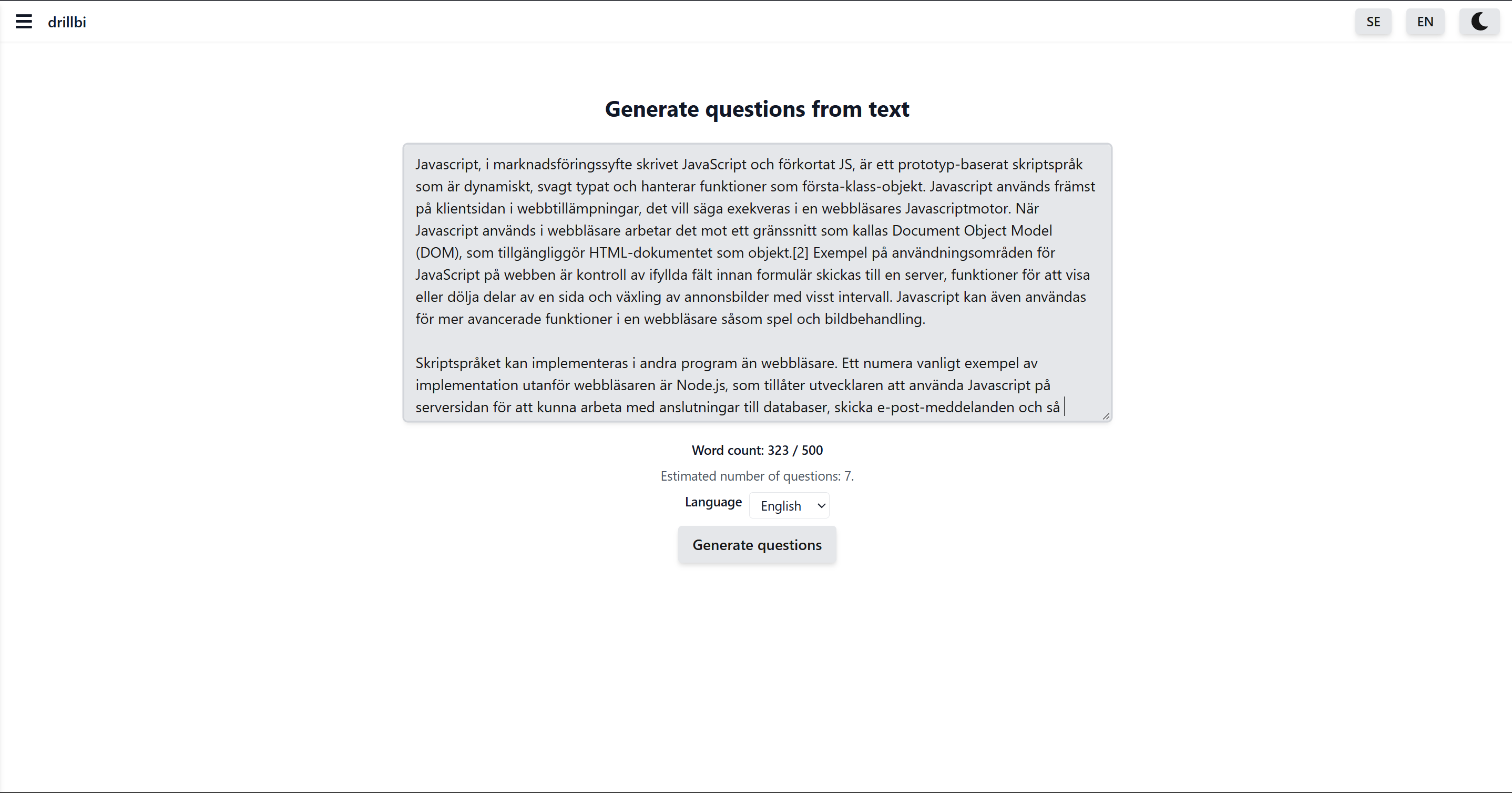 Text-till-quiz vy där text klistras in och språk väljs